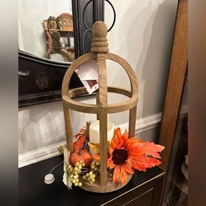 NWT Fall Lantern Décor – Wooden Lantern with Floral Ring & Candle